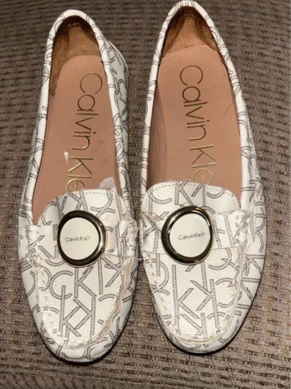 Calvin Klein White Logo Print Loafers with Metallic Accent